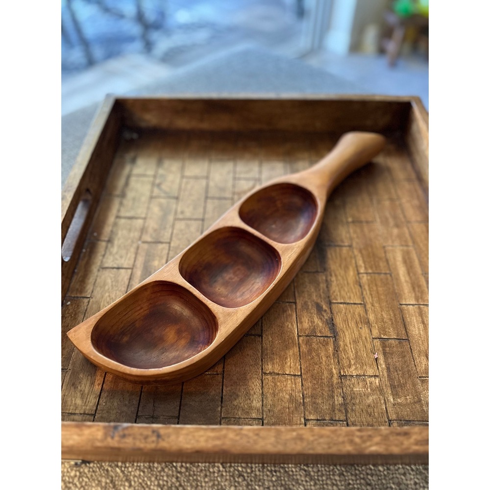 Sam Solomon Co Vintage Teakwood 3 Compartment Serving Tray Hand Carved Thailand